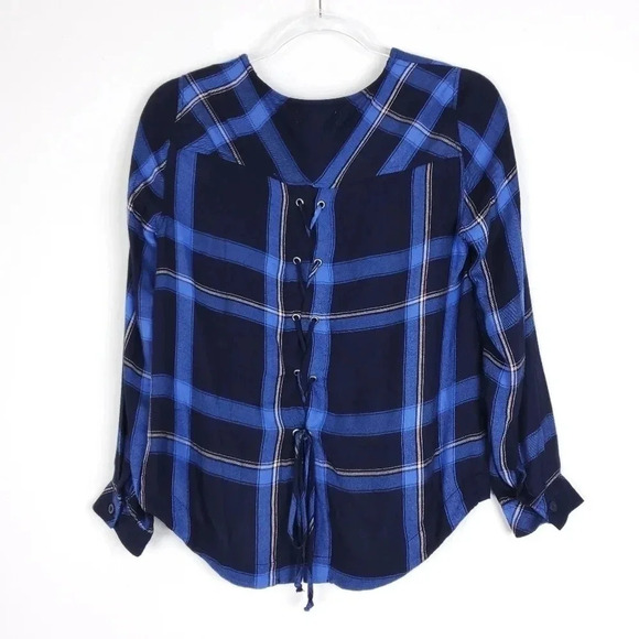 Cloth & Stone Plaid Rayon Lace Back Blouse - Picture 2 of 9